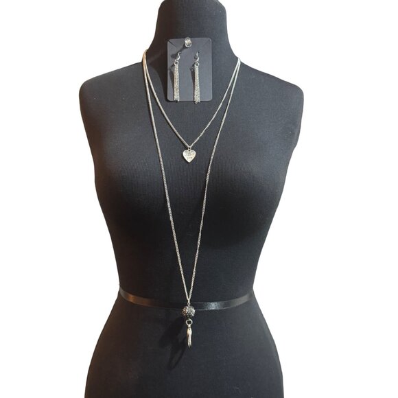Silver-Tone Layered Necklace & Earring Set With Heart Pendant & Tassel Details - Picture 1 of 5